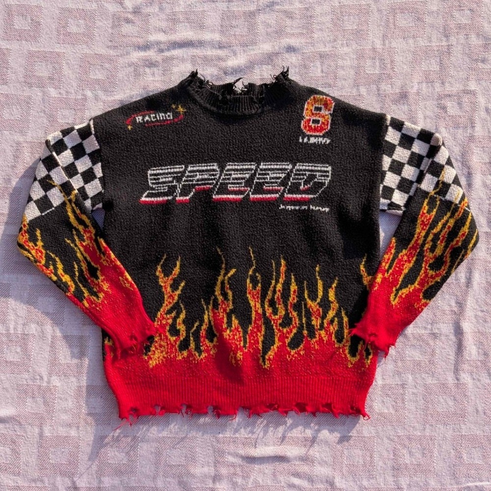 Black Racing Speed Flame Checkered‎ Sleeve Sweater Men's XS